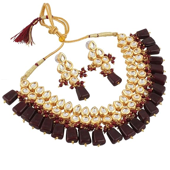 Tehzeeb Creations Back Meenakari Gold-Polished Tika Earring Combo Uncut Big Faux Kundan Choker Necklace set | Grocsy