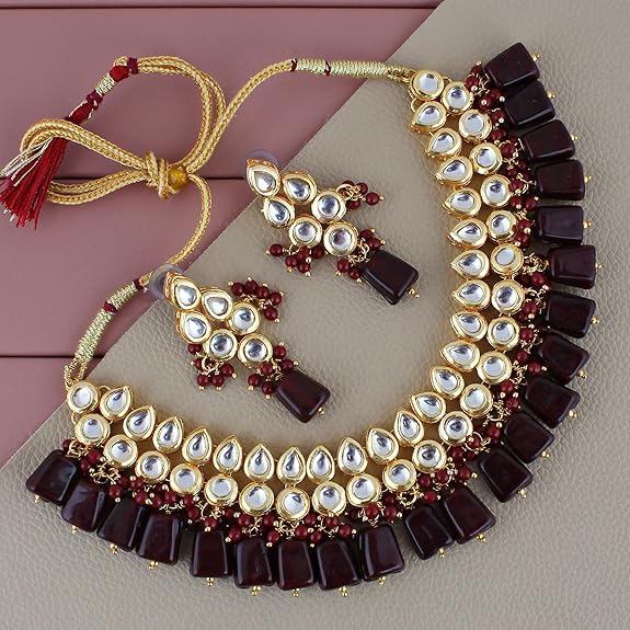 Tehzeeb Creations Back Meenakari Gold-Polished Tika Earring Combo Uncut Big Faux Kundan Choker Necklace set | Grocsy