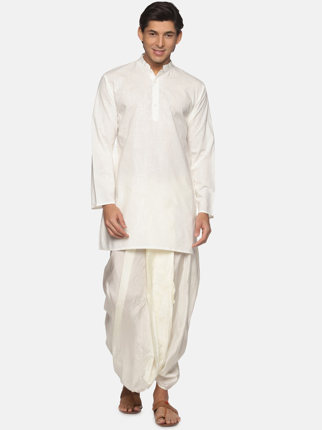 Sethukrishna Men Cream-Coloured Striped Pure Cotton Kurta with Dhoti Pants | Grocsy