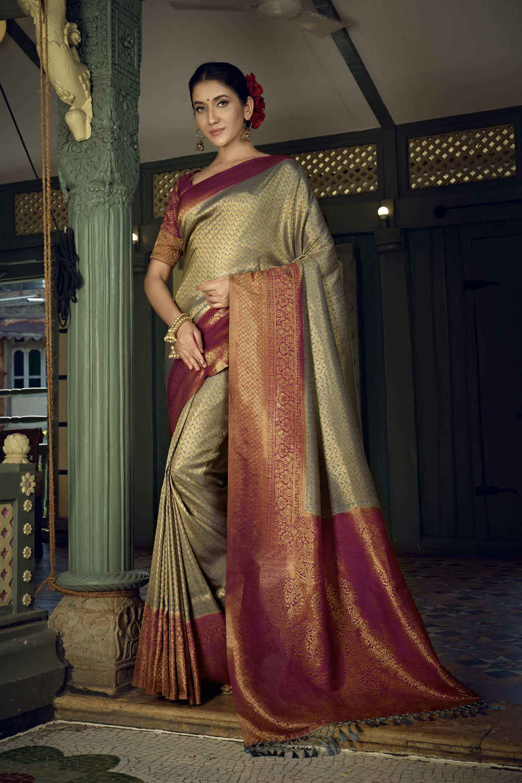 Vardha Royal Grey Golden Zari Kanjeevaram Silk Saree | Grocsy