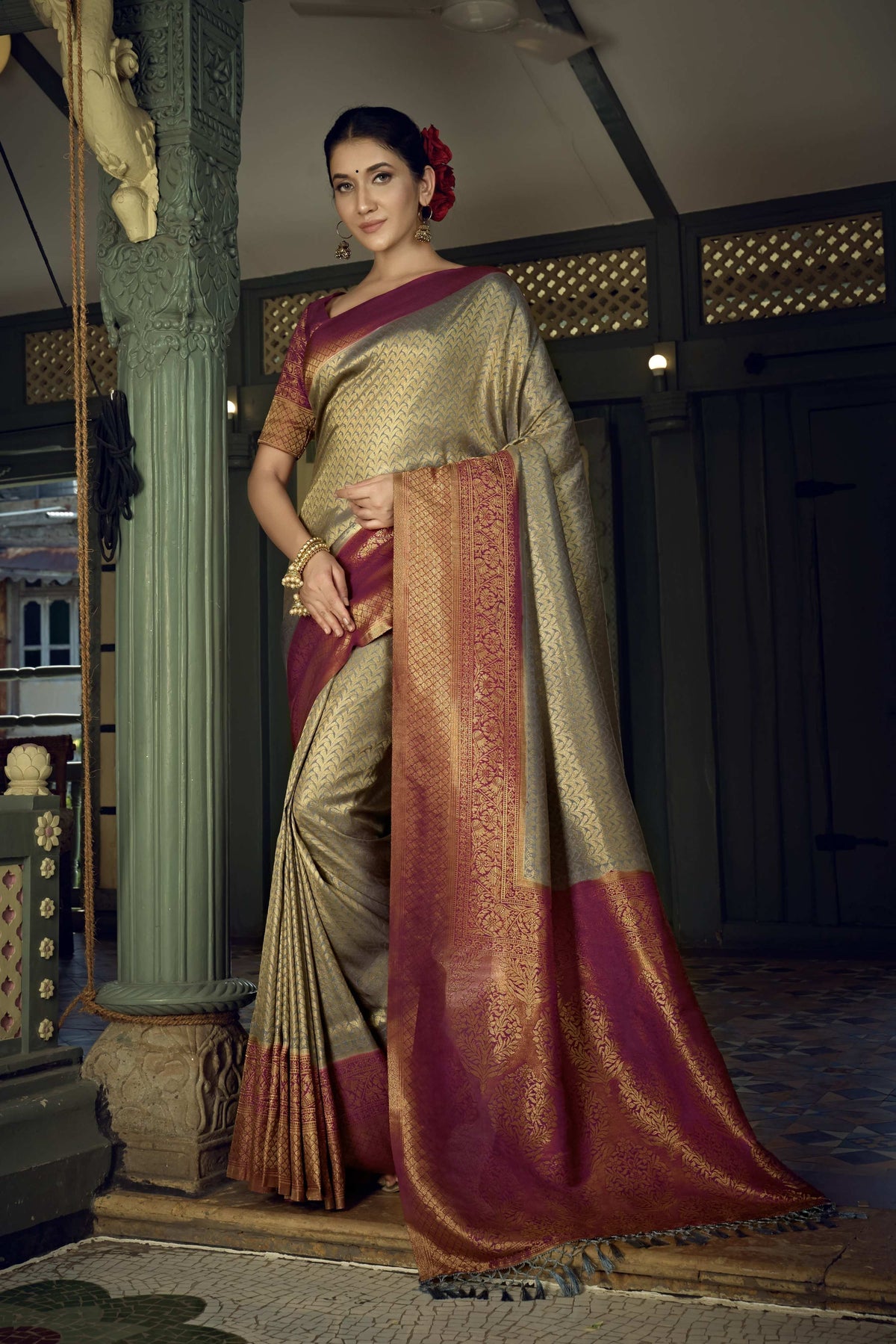 Vardha Royal Grey Golden Zari Kanjeevaram Silk Saree | Grocsy