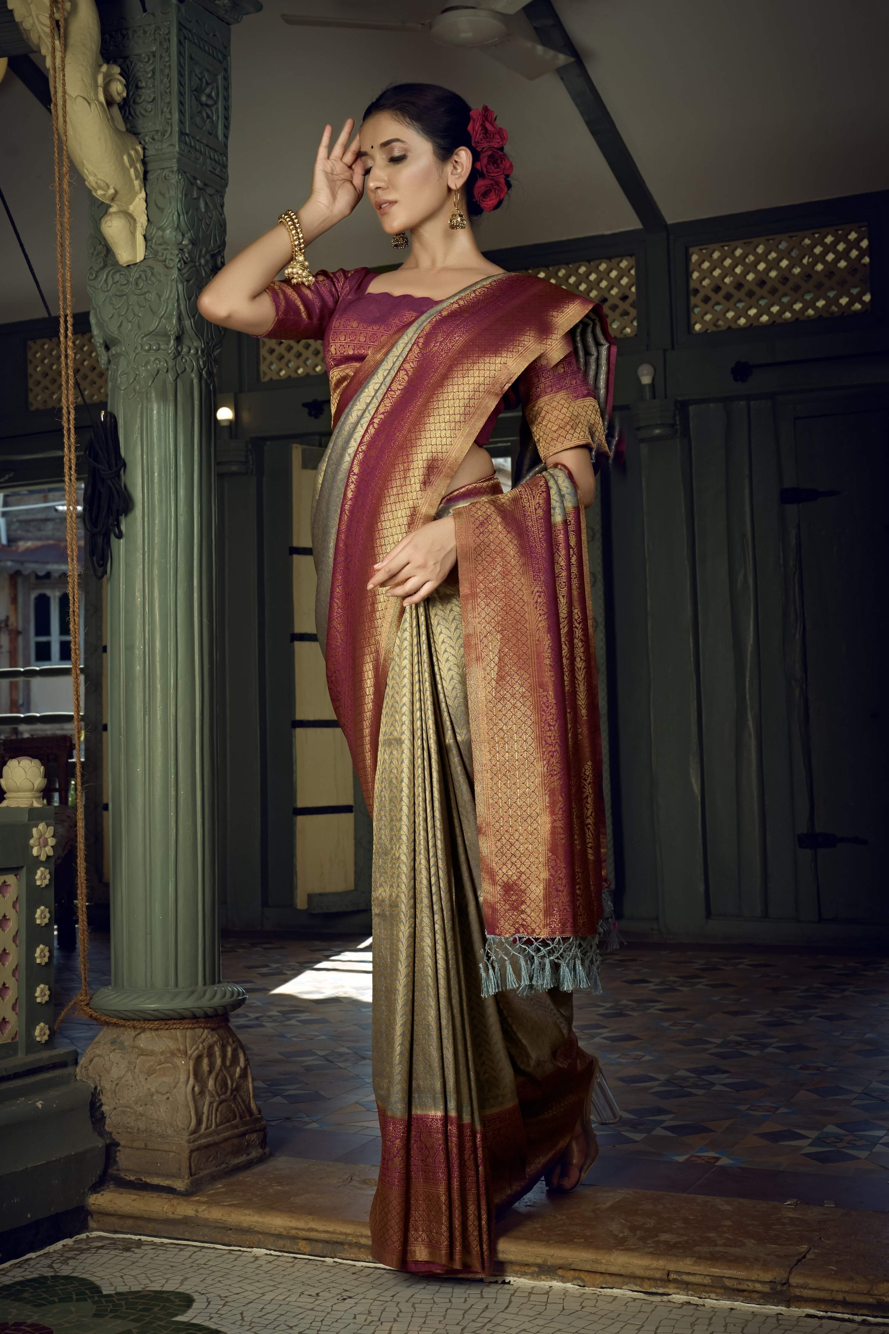 Vardha Royal Grey Golden Zari Kanjeevaram Silk Saree | Grocsy