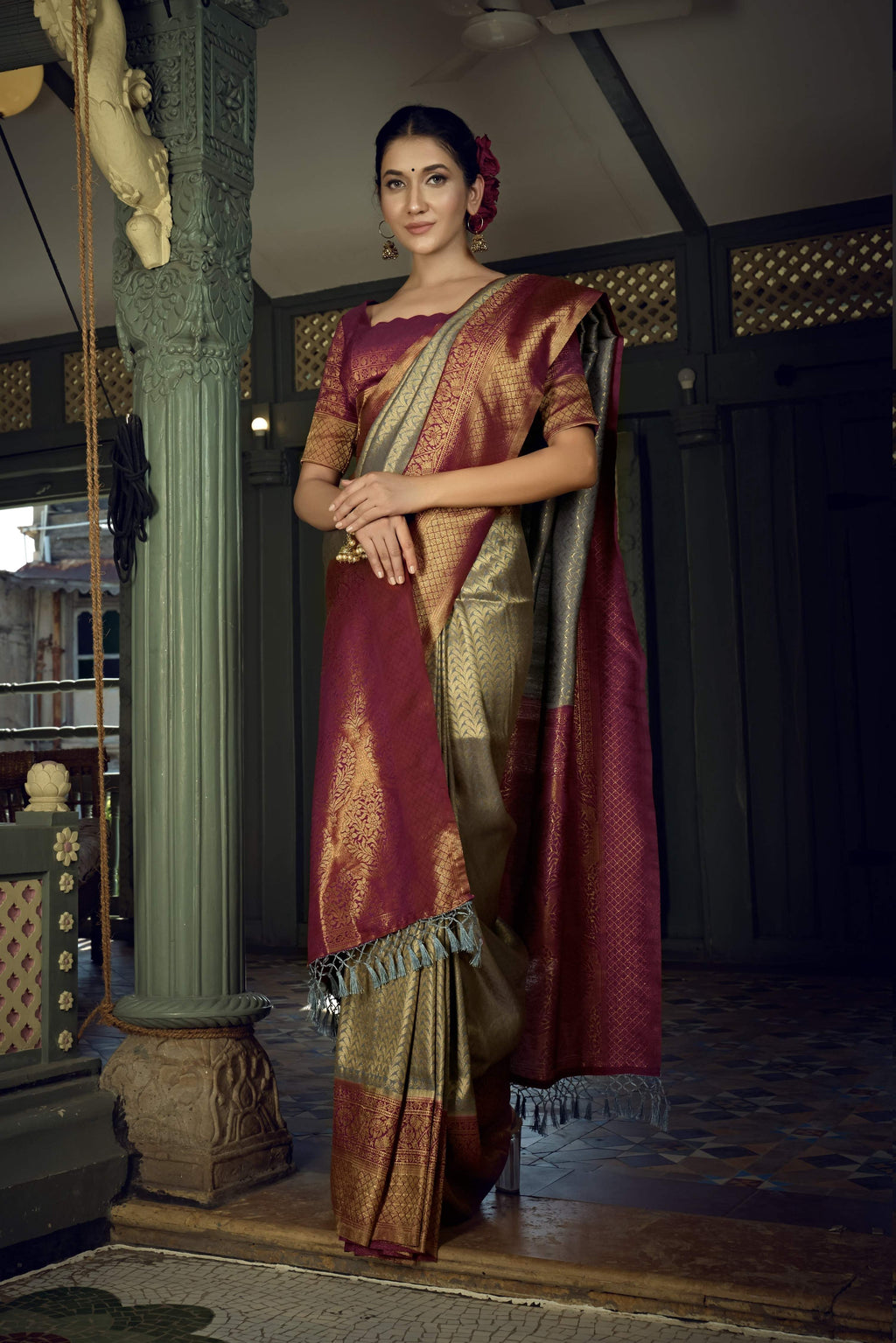 Vardha Royal Grey Golden Zari Kanjeevaram Silk Saree | Grocsy
