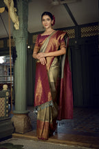 Vardha Royal Grey Golden Zari Kanjeevaram Silk Saree | Grocsy