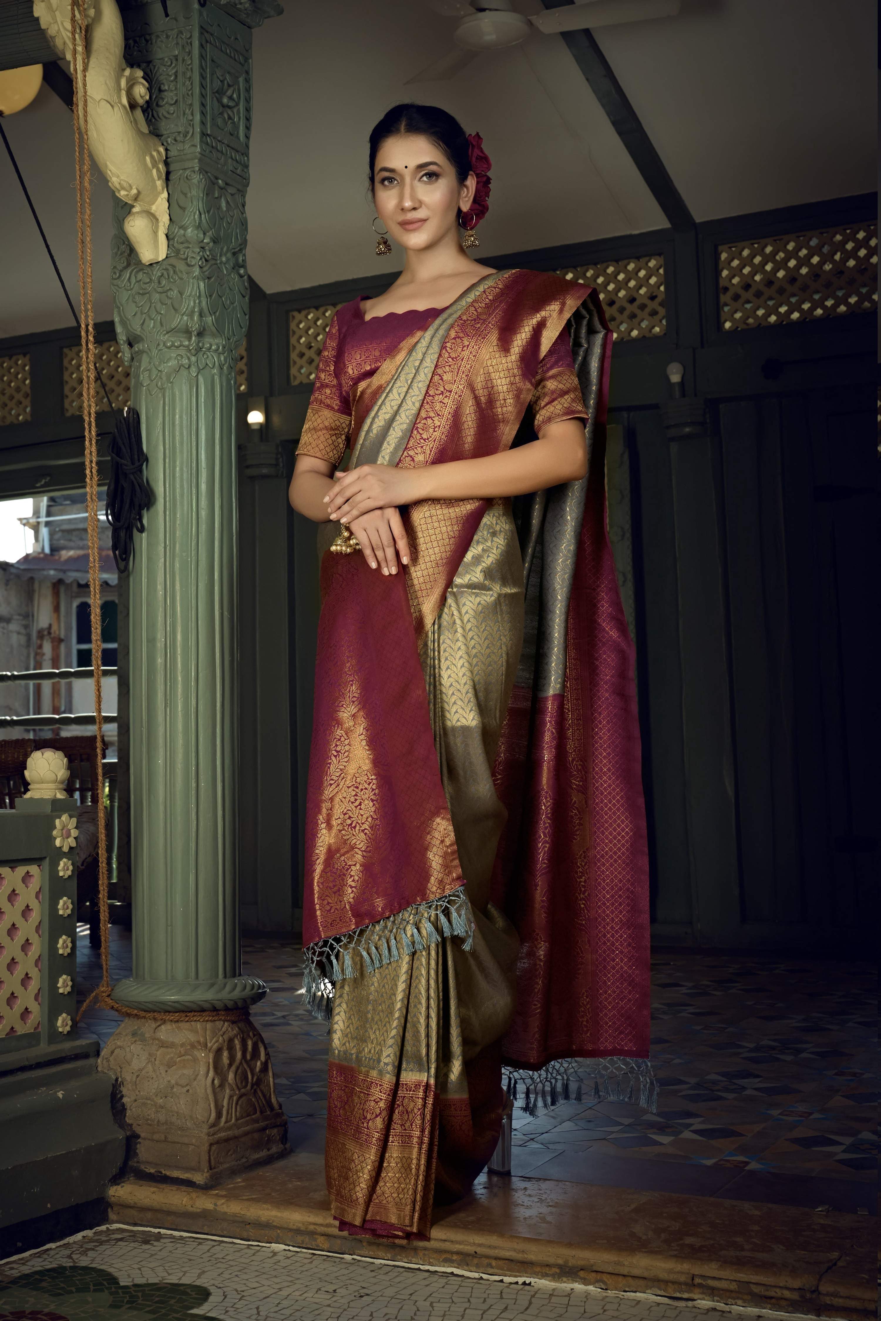 Vardha Royal Grey Golden Zari Kanjeevaram Silk Saree | Grocsy
