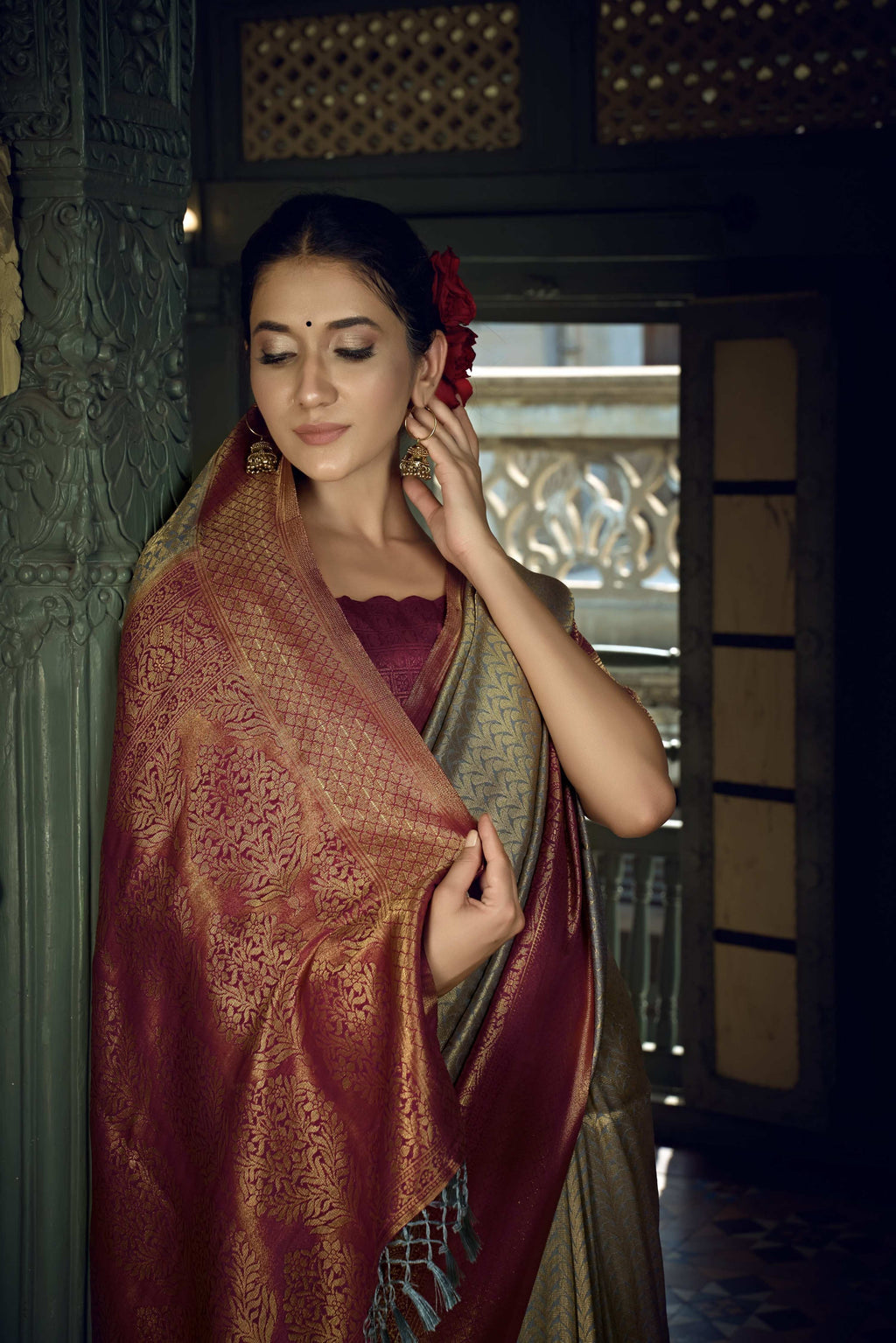 Vardha Royal Grey Golden Zari Kanjeevaram Silk Saree | Grocsy