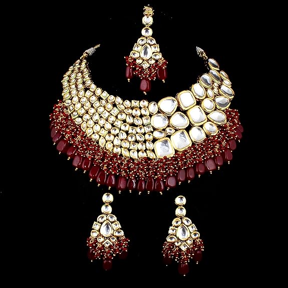 Tehzeeb Creations Meenakari Gold-Polished Maroon color Uncut dibbi Kundan Combo Necklace Set | Grocsy