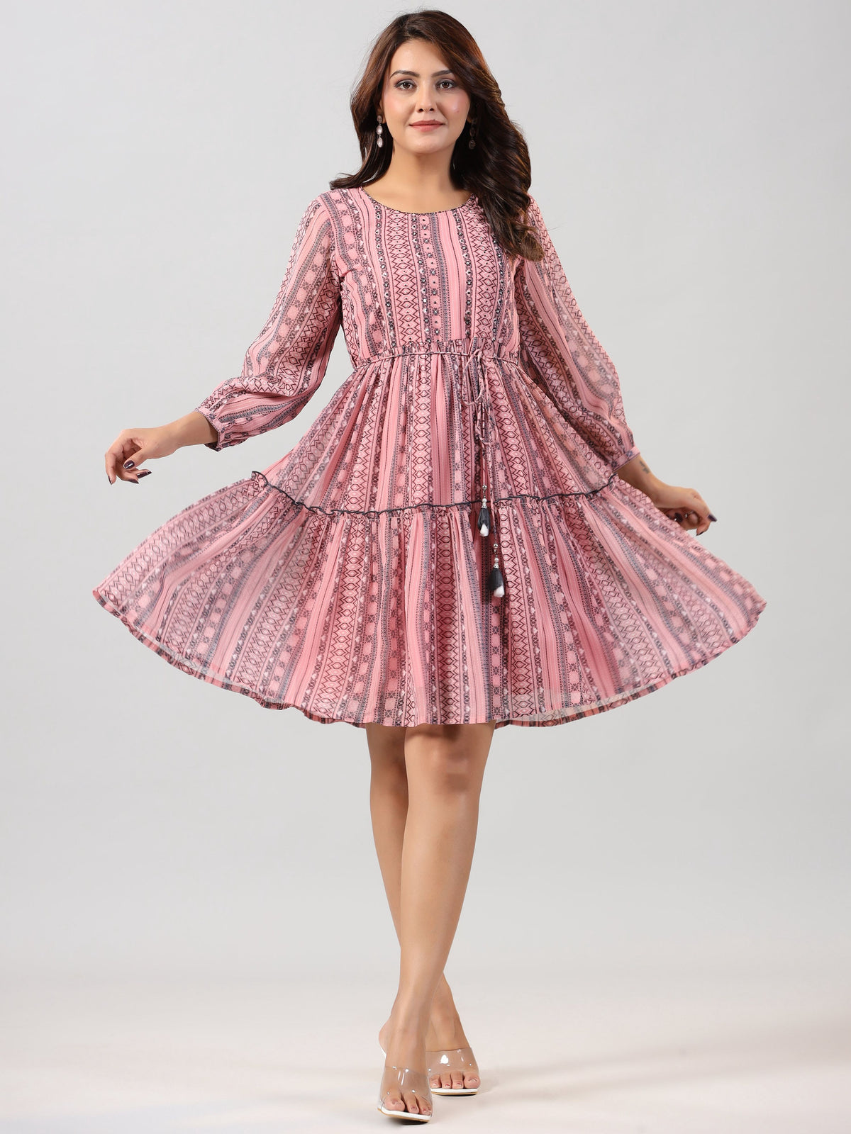 Juniper Women Peach Georgette Printed Short Tiered Dress | Grocsy
