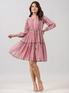 Juniper Women Peach Georgette Printed Short Tiered Dress | Grocsy