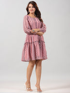 Juniper Women Peach Georgette Printed Short Tiered Dress | Grocsy