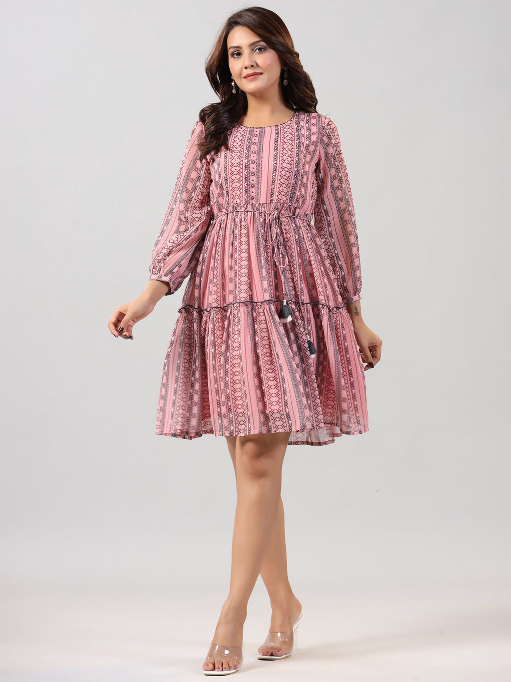 Juniper Women Peach Georgette Printed Short Tiered Dress | Grocsy