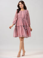 Juniper Women Peach Georgette Printed Short Tiered Dress | Grocsy