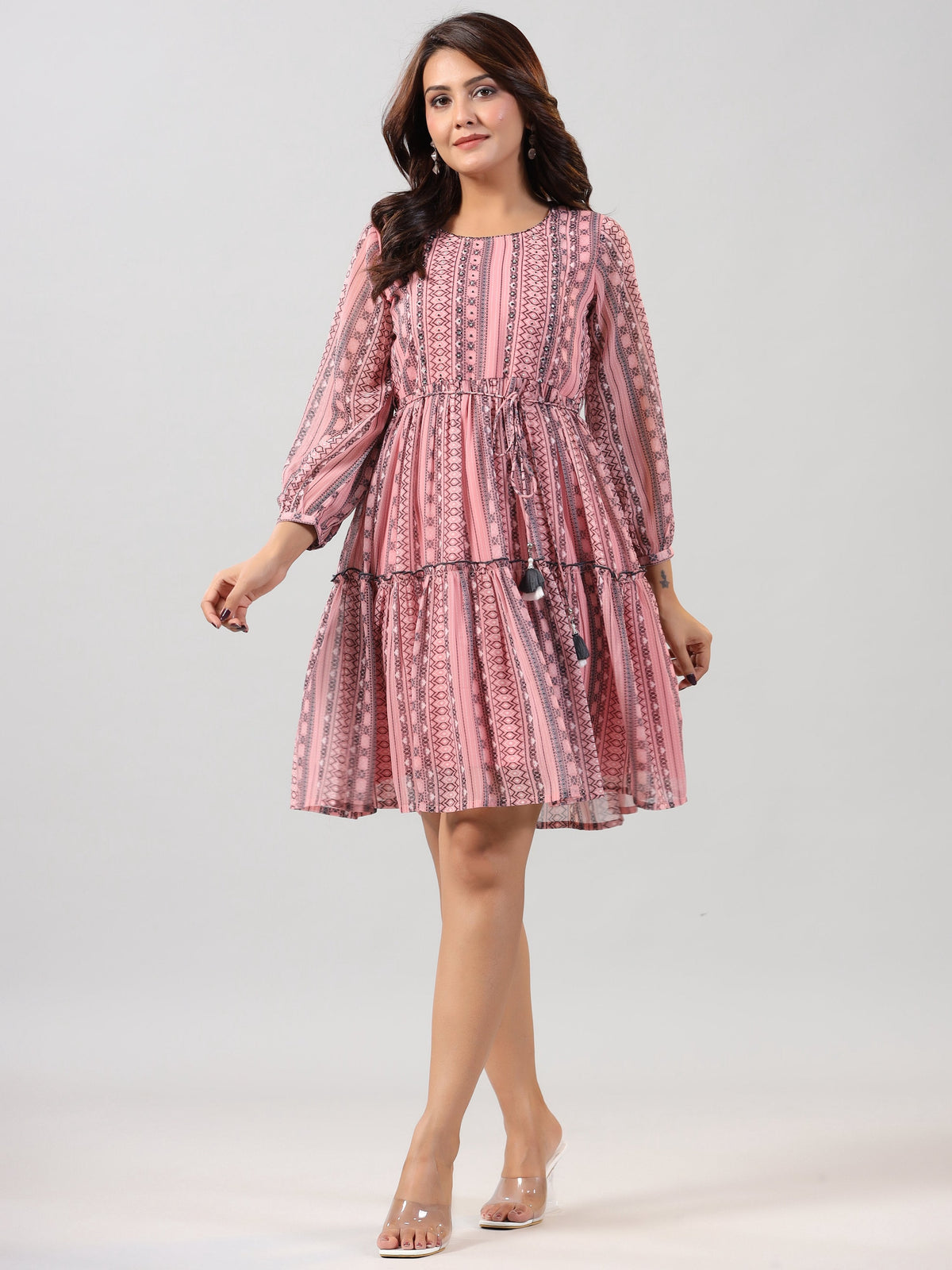 Juniper Women Peach Georgette Printed Short Tiered Dress | Grocsy