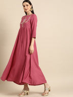 All About You Women Rust Pink Ethnic Motifs Yoke Design Thread Work Kurta with Dupatta | Grocsy