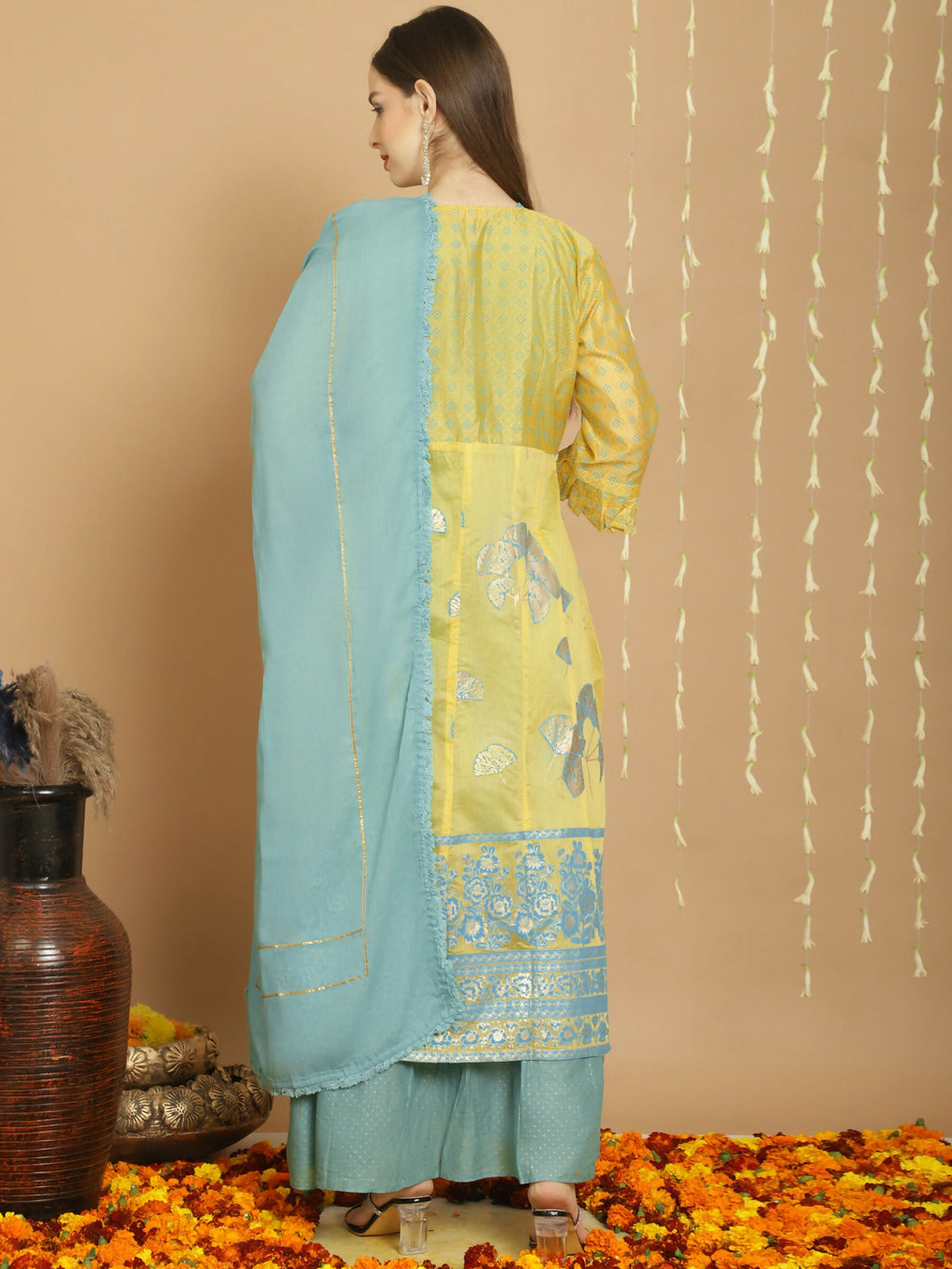 Jyoti Fashion Women's Yellow Chanderi Silk Elegant Jardoshi Kurta with Trouser & Dupatta | Grocsy