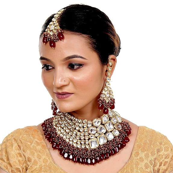 Tehzeeb Creations Meenakari Gold-Polished Maroon color Uncut dibbi Kundan Combo Necklace Set | Grocsy