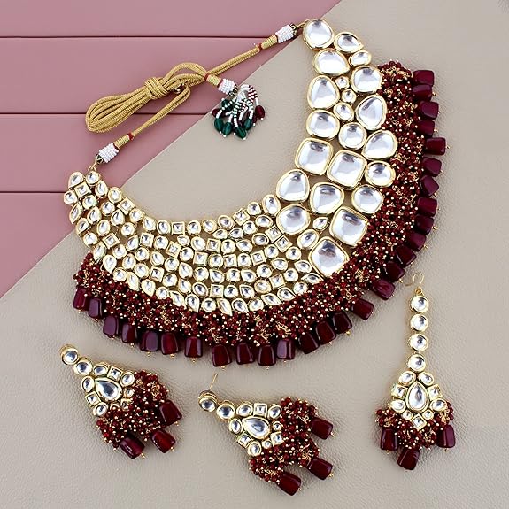 Tehzeeb Creations Meenakari Gold-Polished Maroon color Uncut dibbi Kundan Combo Necklace Set | Grocsy