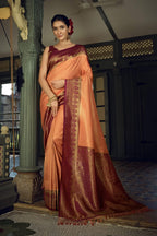 Vardha Peach Yellow Golden Zari Kanjeevaram Silk Saree | Grocsy