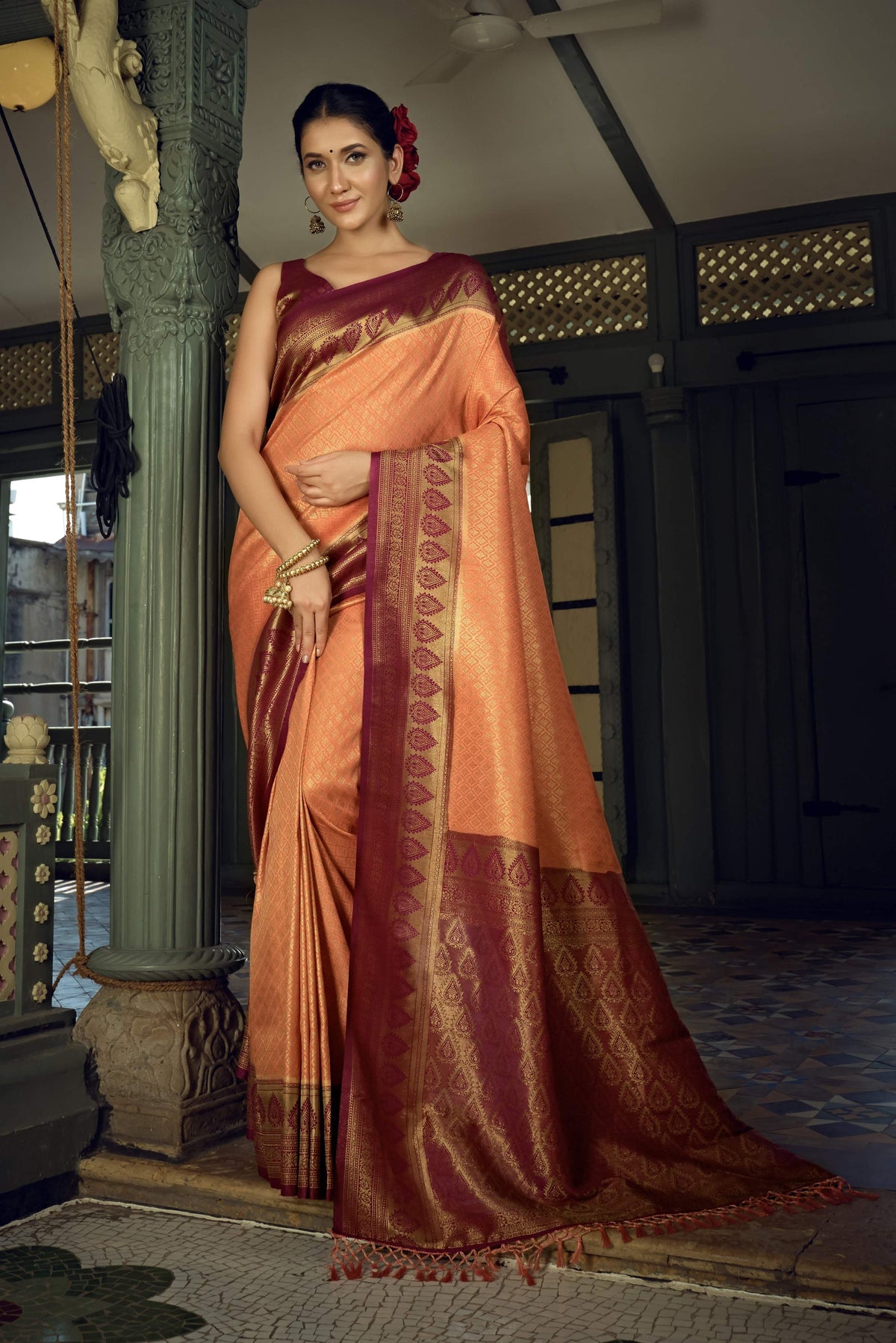 Vardha Peach Yellow Golden Zari Kanjeevaram Silk Saree | Grocsy