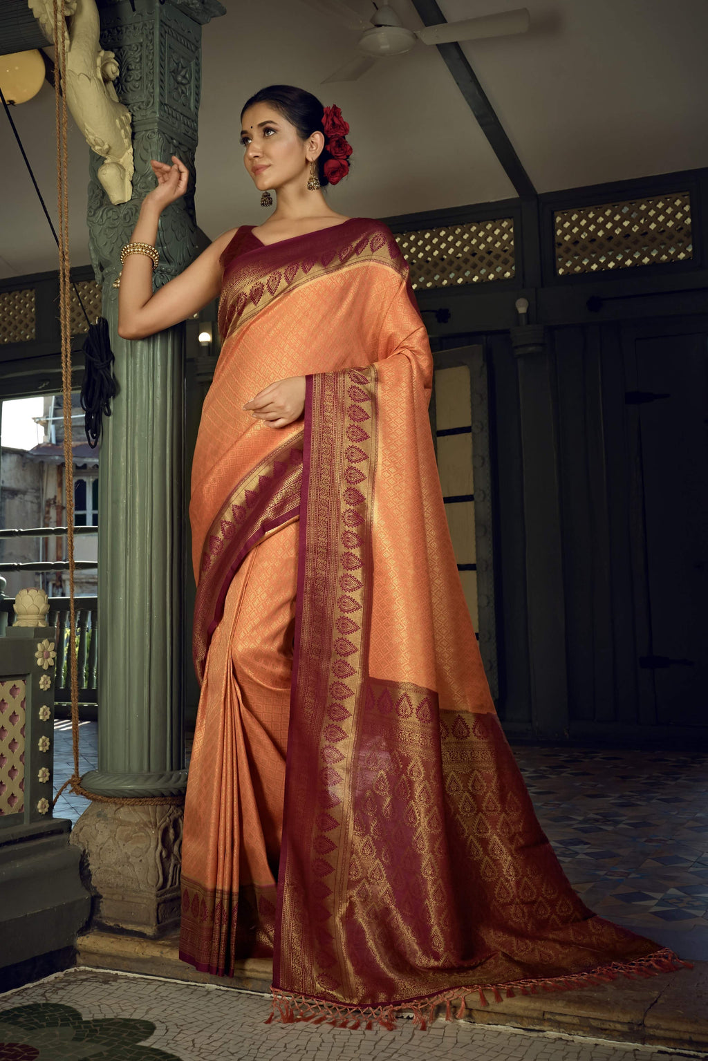 Vardha Peach Yellow Golden Zari Kanjeevaram Silk Saree | Grocsy