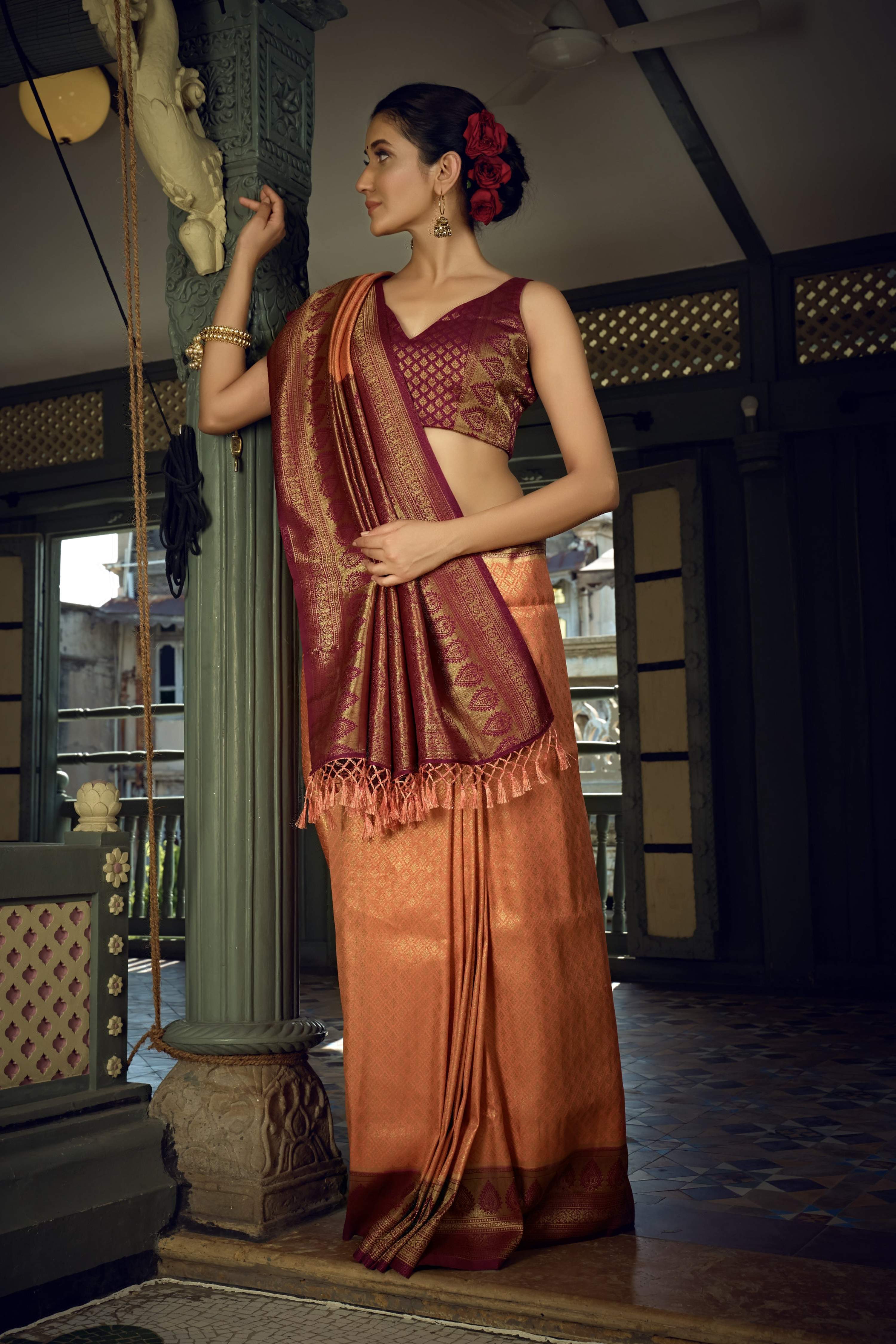 Vardha Peach Yellow Golden Zari Kanjeevaram Silk Saree | Grocsy