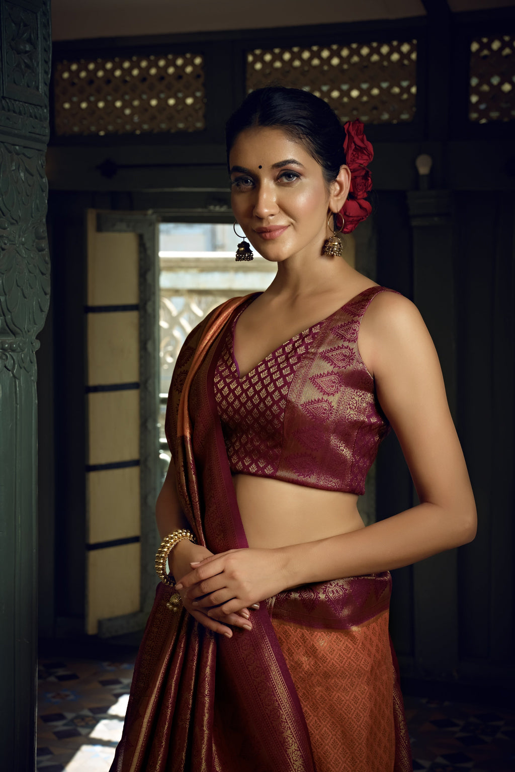Vardha Peach Yellow Golden Zari Kanjeevaram Silk Saree | Grocsy