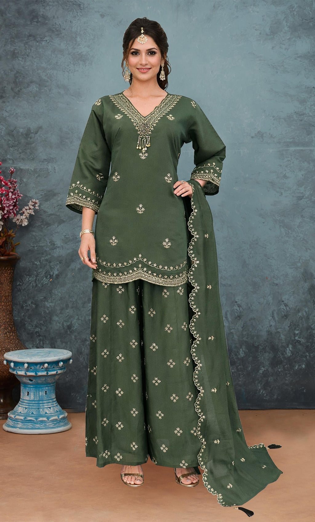 Anaita Green Roman Silk Stitched Plazzo Suit with Embroidery & Sequence Work | Grocsy