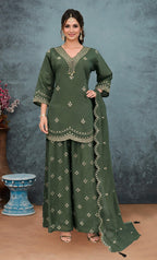 Anaita Green Roman Silk Stitched Plazzo Suit with Embroidery & Sequence Work | Grocsy