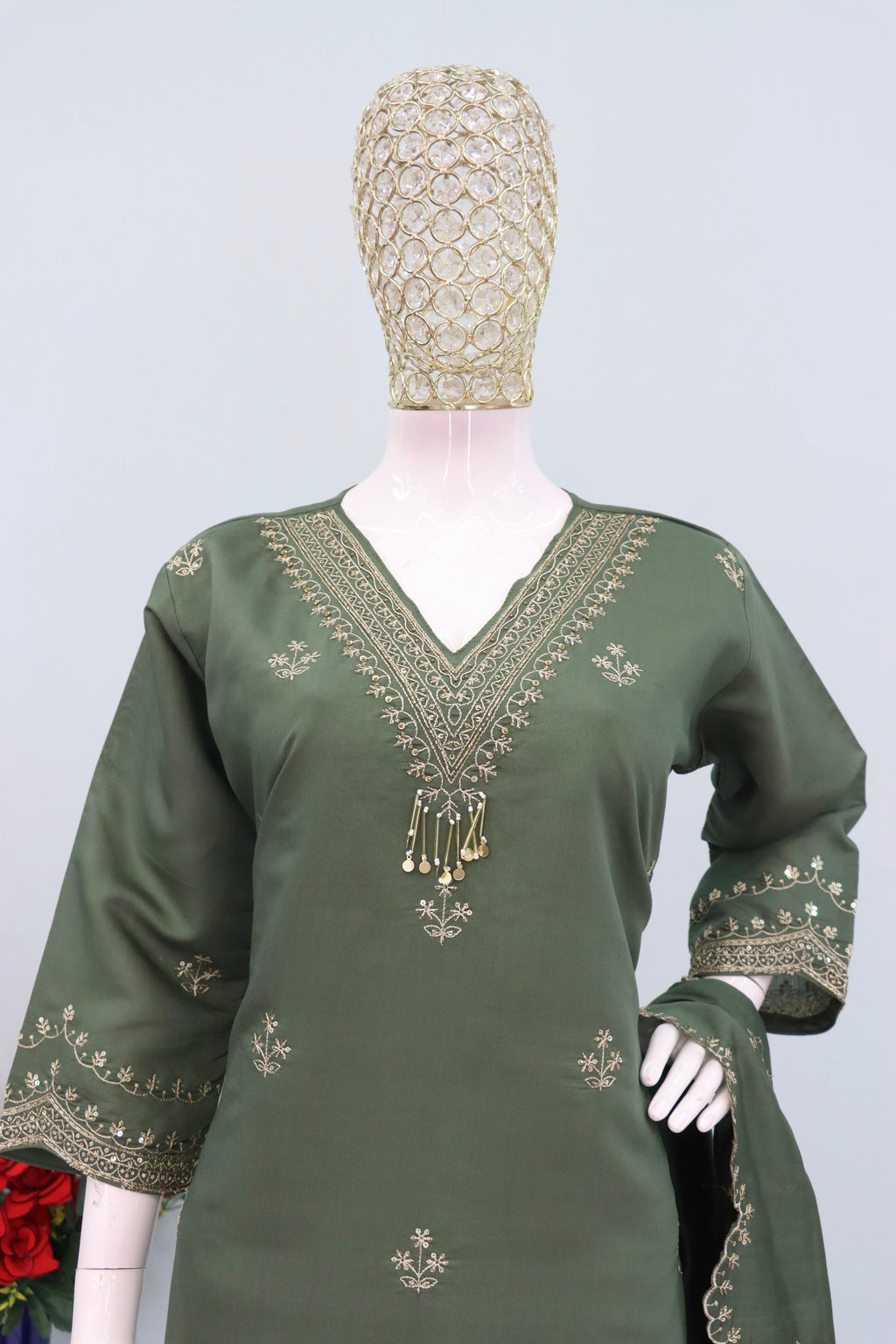 Anaita Green Roman Silk Stitched Plazzo Suit with Embroidery & Sequence Work | Grocsy