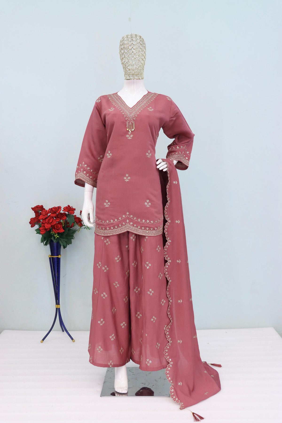 Anaita Purple Roman Silk Stitched Plazzo Suit with Embroidery & Sequence Work | Grocsy