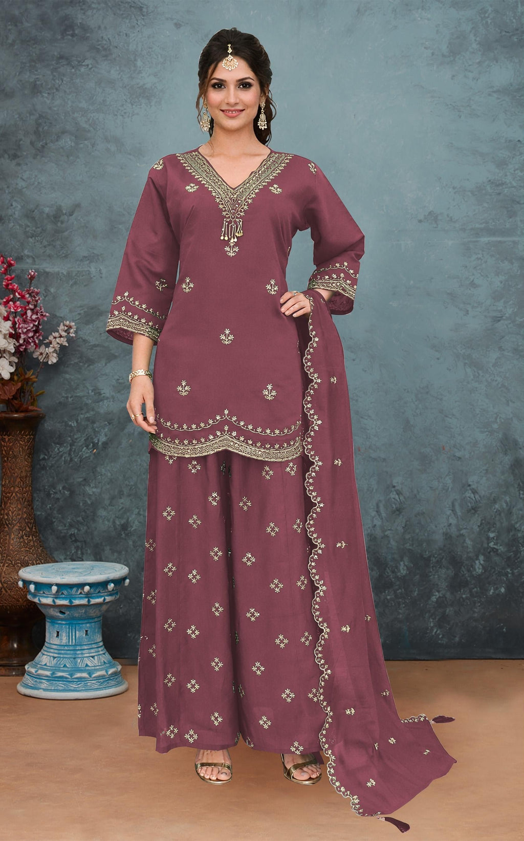 Anaita Purple Roman Silk Stitched Plazzo Suit with Embroidery & Sequence Work | Grocsy
