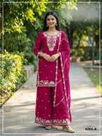Anaita Red Chinon Stitched Plazzo Suit with Embroidered & Bearts Work | Grocsy