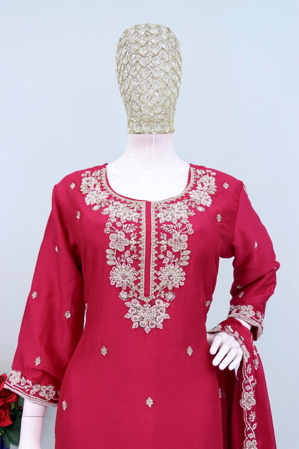 Anaita Red Chinon Stitched Plazzo Suit with Embroidered & Bearts Work | Grocsy