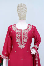 Anaita Red Chinon Stitched Plazzo Suit with Embroidered & Bearts Work | Grocsy