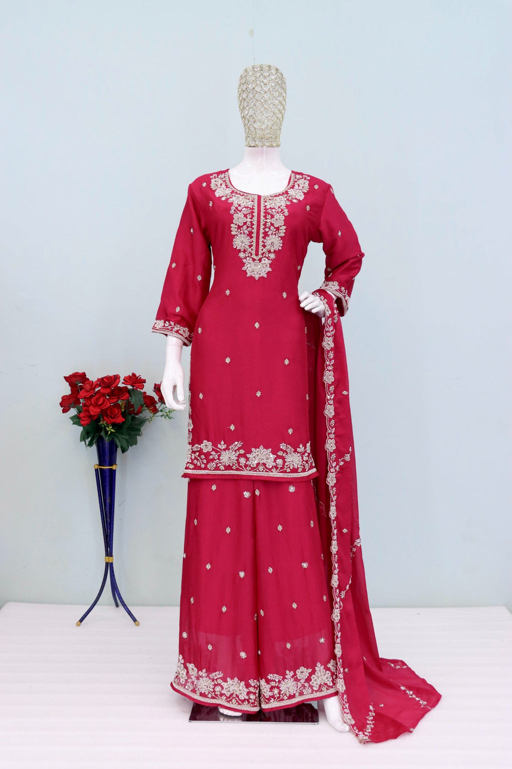 Anaita Red Chinon Stitched Plazzo Suit with Embroidered & Bearts Work | Grocsy