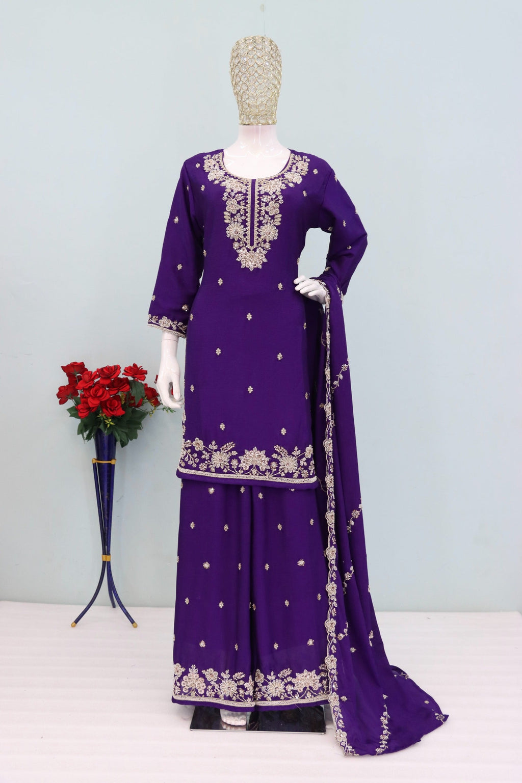 Anaita Violet Chinon Stitched Plazzo Suit with Embroidered & Bearts Work | Grocsy