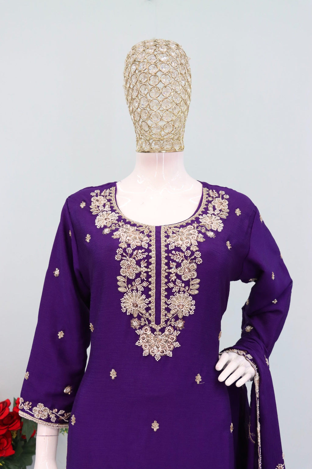 Anaita Violet Chinon Stitched Plazzo Suit with Embroidered & Bearts Work | Grocsy