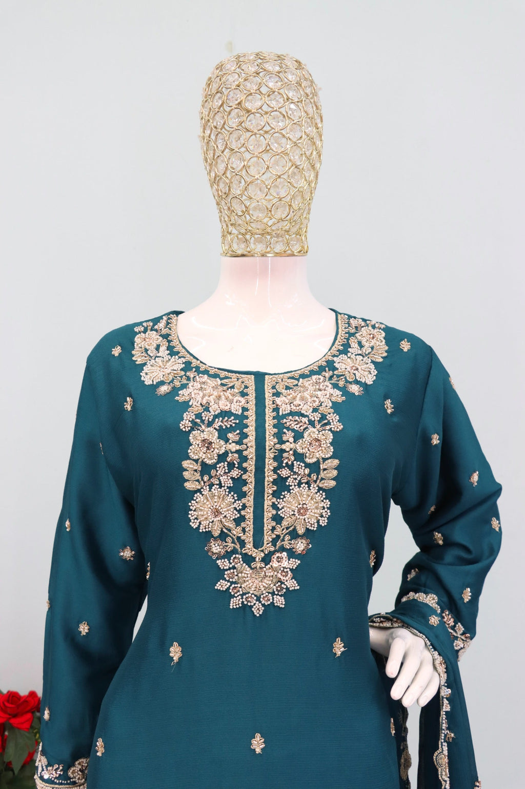 Anaita Teal Chinon Stitched Plazzo Suit with Embroidered & Bearts Work | Grocsy