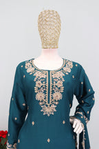 Anaita Teal Chinon Stitched Plazzo Suit with Embroidered & Bearts Work | Grocsy