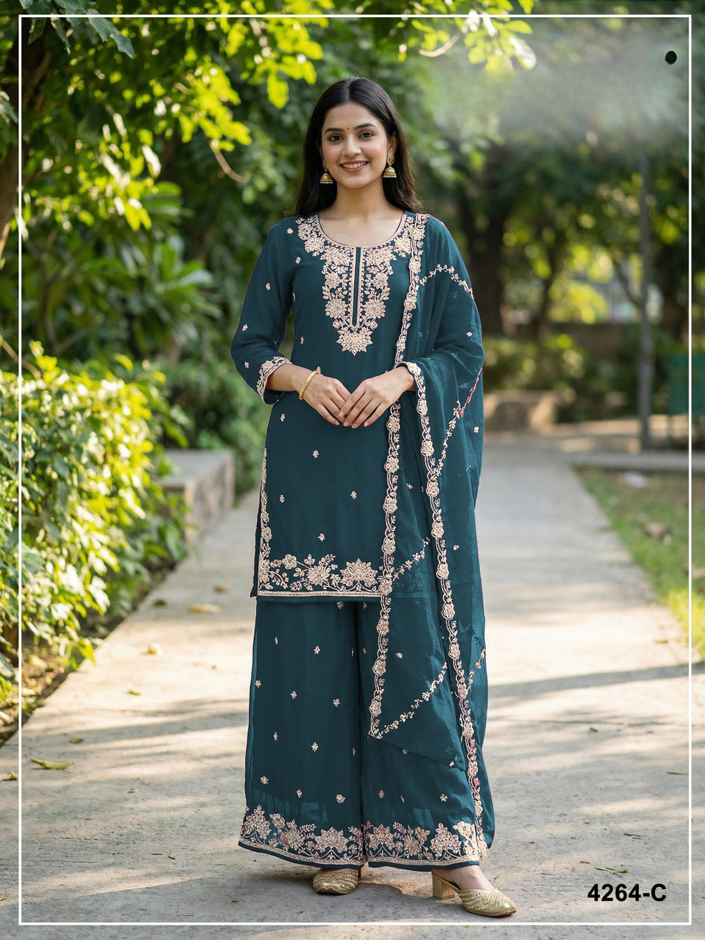 Anaita Teal Chinon Stitched Plazzo Suit with Embroidered & Bearts Work | Grocsy