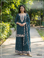 Anaita Teal Chinon Stitched Plazzo Suit with Embroidered & Bearts Work | Grocsy