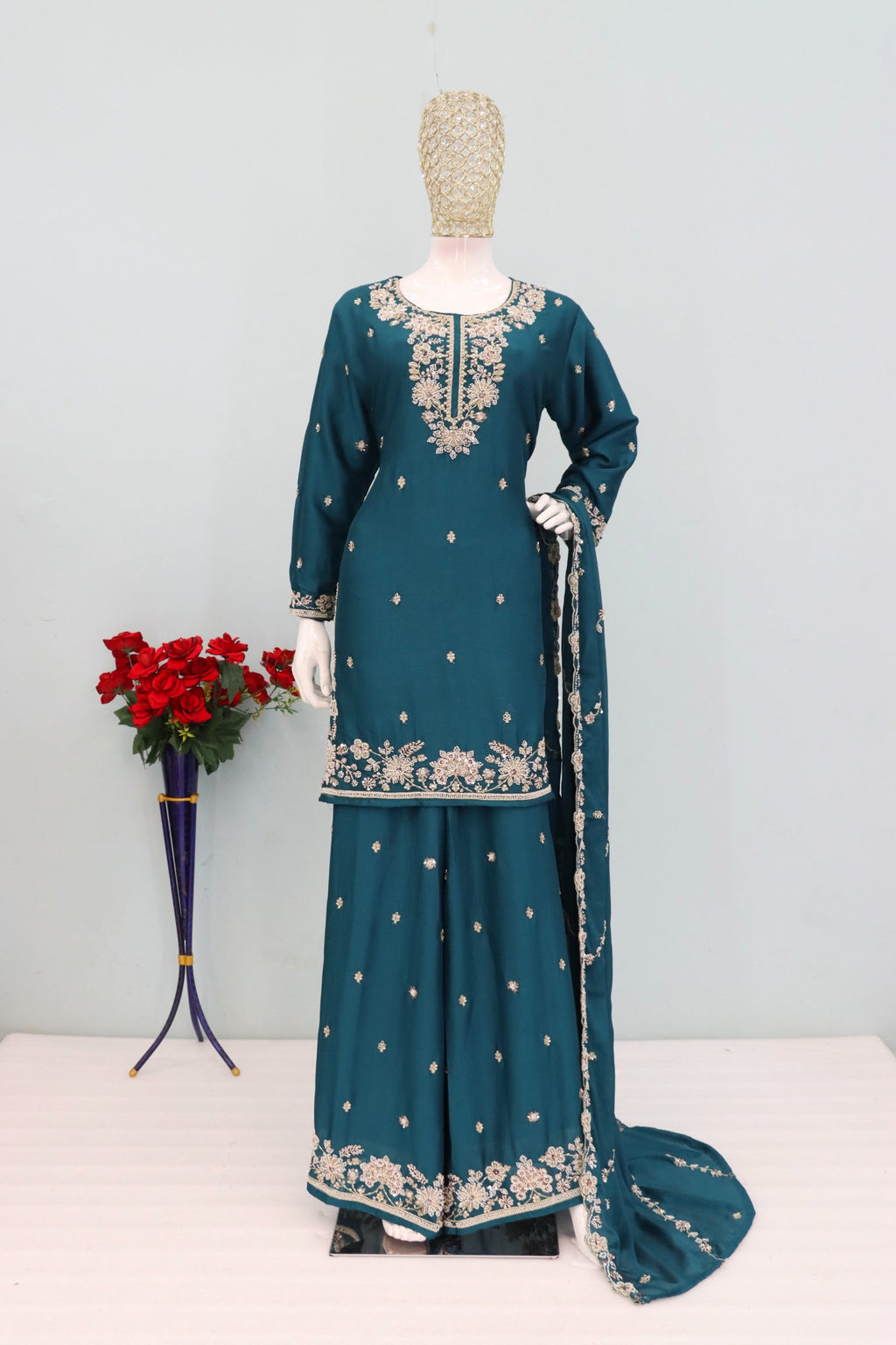 Anaita Teal Chinon Stitched Plazzo Suit with Embroidered & Bearts Work | Grocsy