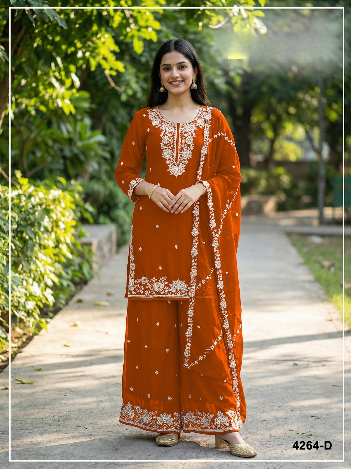 Anaita Orange Chinon Stitched Plazzo Suit with Embroidered & Bearts Work | Grocsy