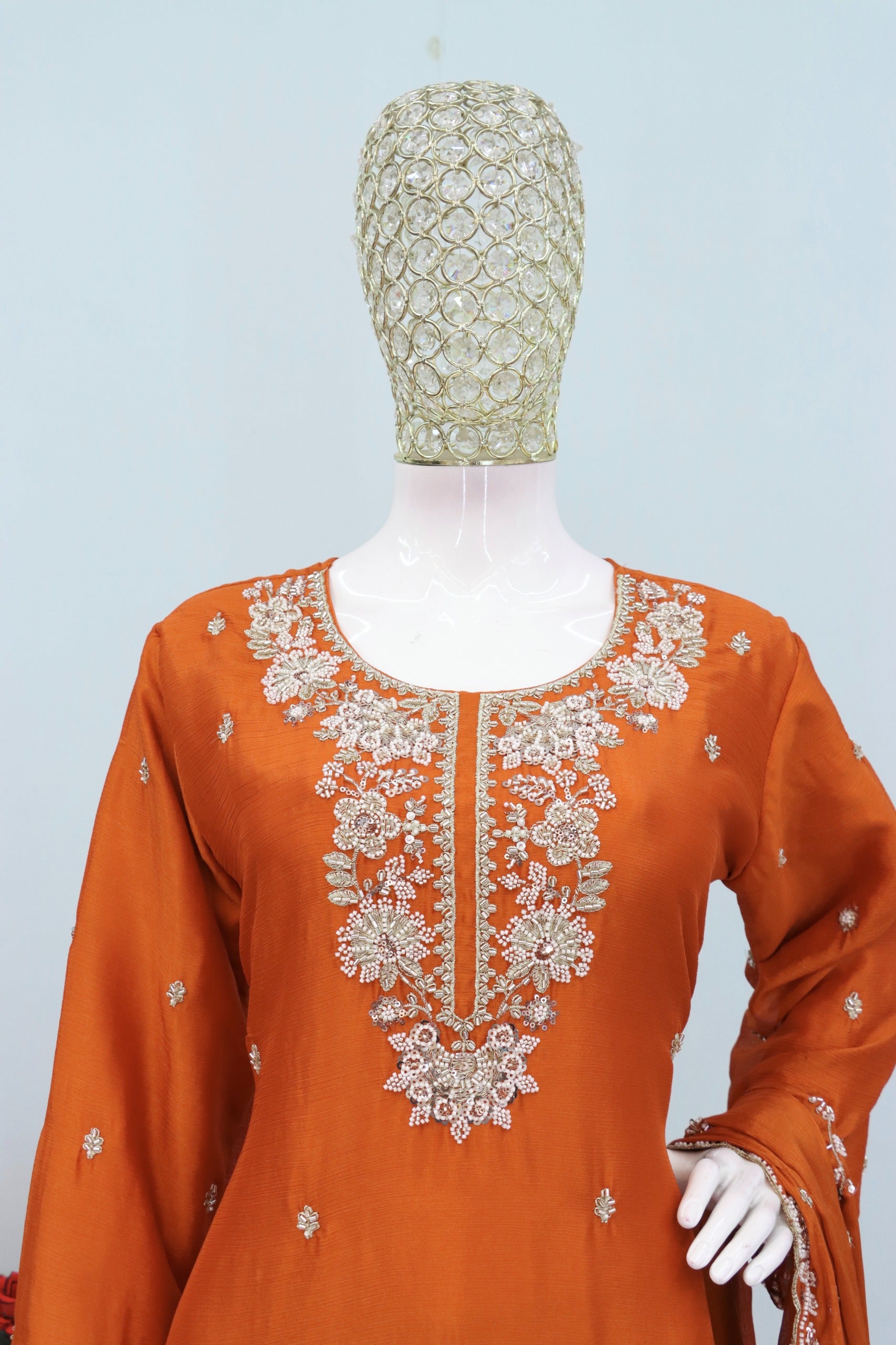 Anaita Orange Chinon Stitched Plazzo Suit with Embroidered & Bearts Work | Grocsy