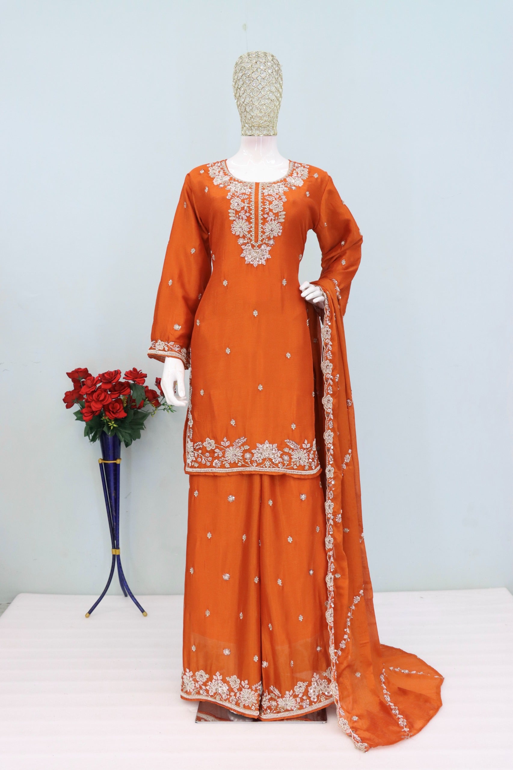 Anaita Orange Chinon Stitched Plazzo Suit with Embroidered & Bearts Work | Grocsy