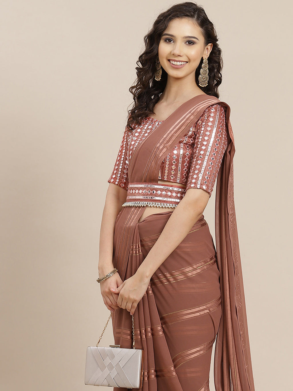 Saree Mall Brown Striped Mirror Work Saree | Grocsy