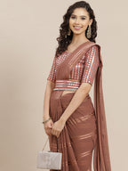 Saree Mall Brown Striped Mirror Work Saree | Grocsy