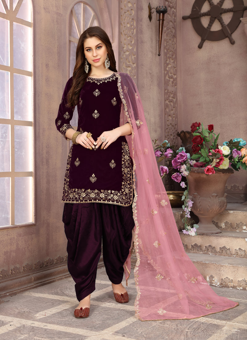 Monjolika Fashion Stunning Wine Color Velvet Embroidery Patiala Suit | Grocsy