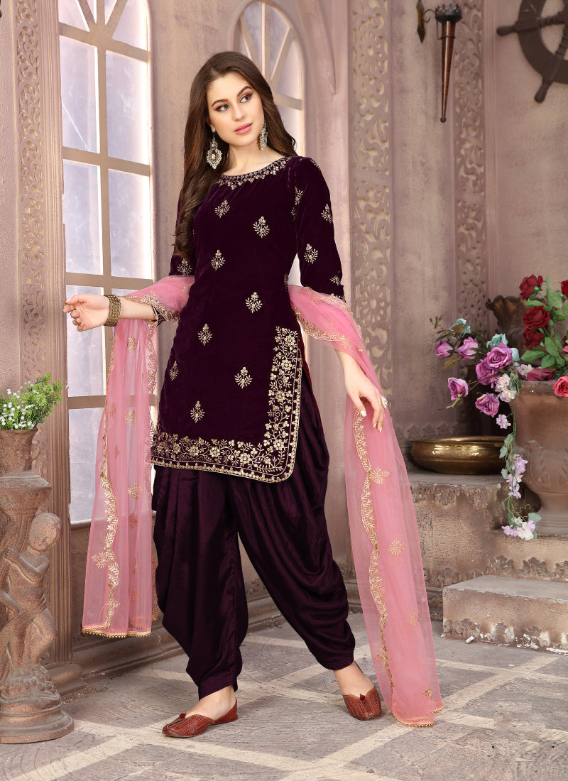 Monjolika Fashion Stunning Wine Color Velvet Embroidery Patiala Suit | Grocsy