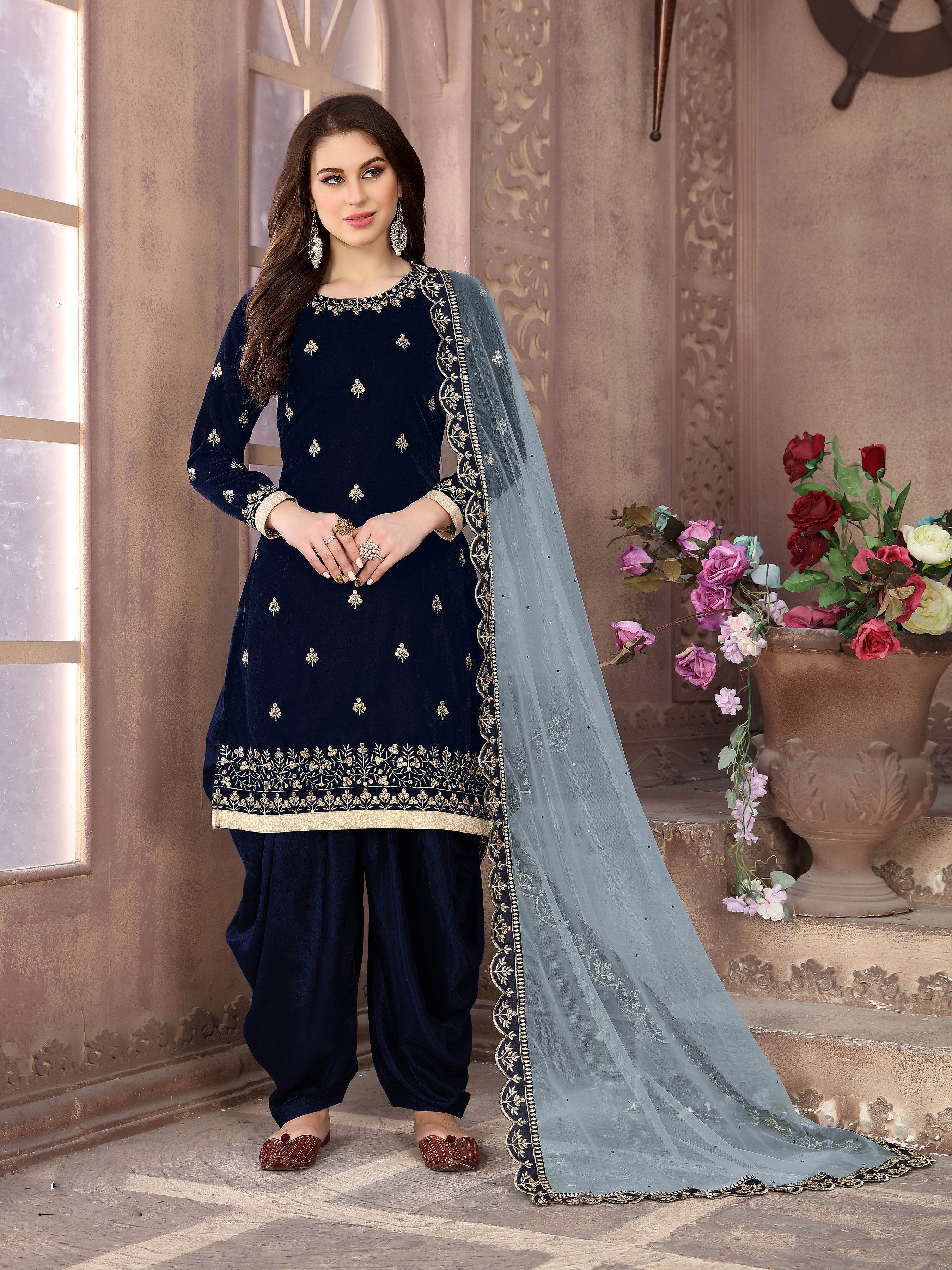 Monjolika Fashion Stunning Dark Blue Color Velvet Embroidery Patiala Suit | Grocsy